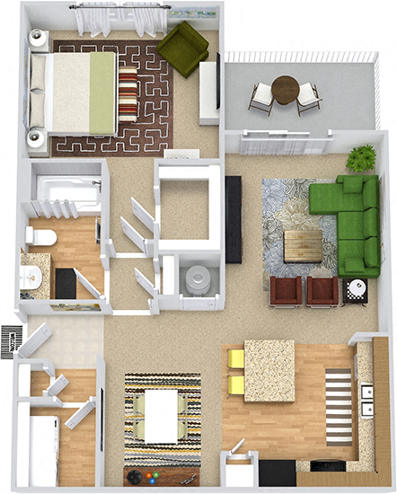 Floor plan for 1 bed, 1 bath, 885 sqft